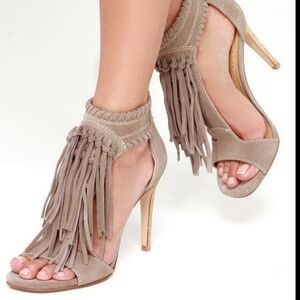 Chinese Laudry/High Heel Stiletto/ Tan, Tassel, back zipper women sandals.